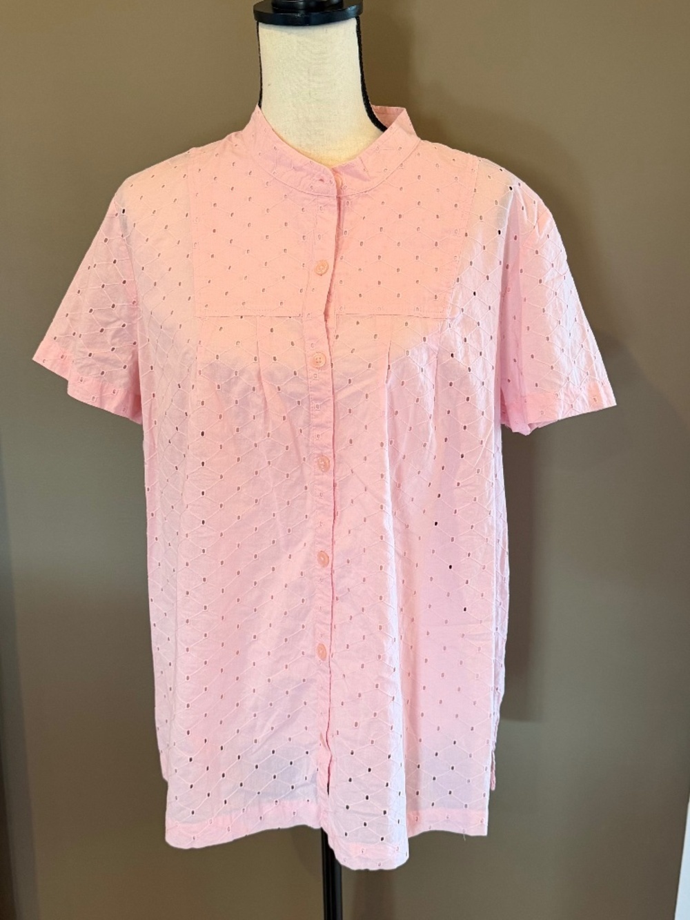 Pink Eyelet Button Up Blouse Cotton, Short Sleeve, Feminine, Summer, Size XL